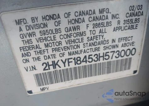 2003 Honda Pilot Ex из США, поврежденный, VIN 2HKYF18453H573000